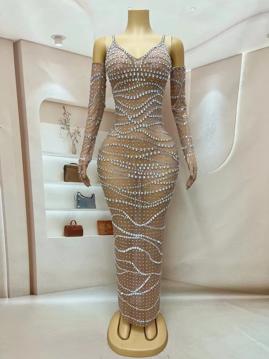 Abito da compleanno Guanti con strass Abito sexy trasparente Costume da festa Abito da gala di lusso