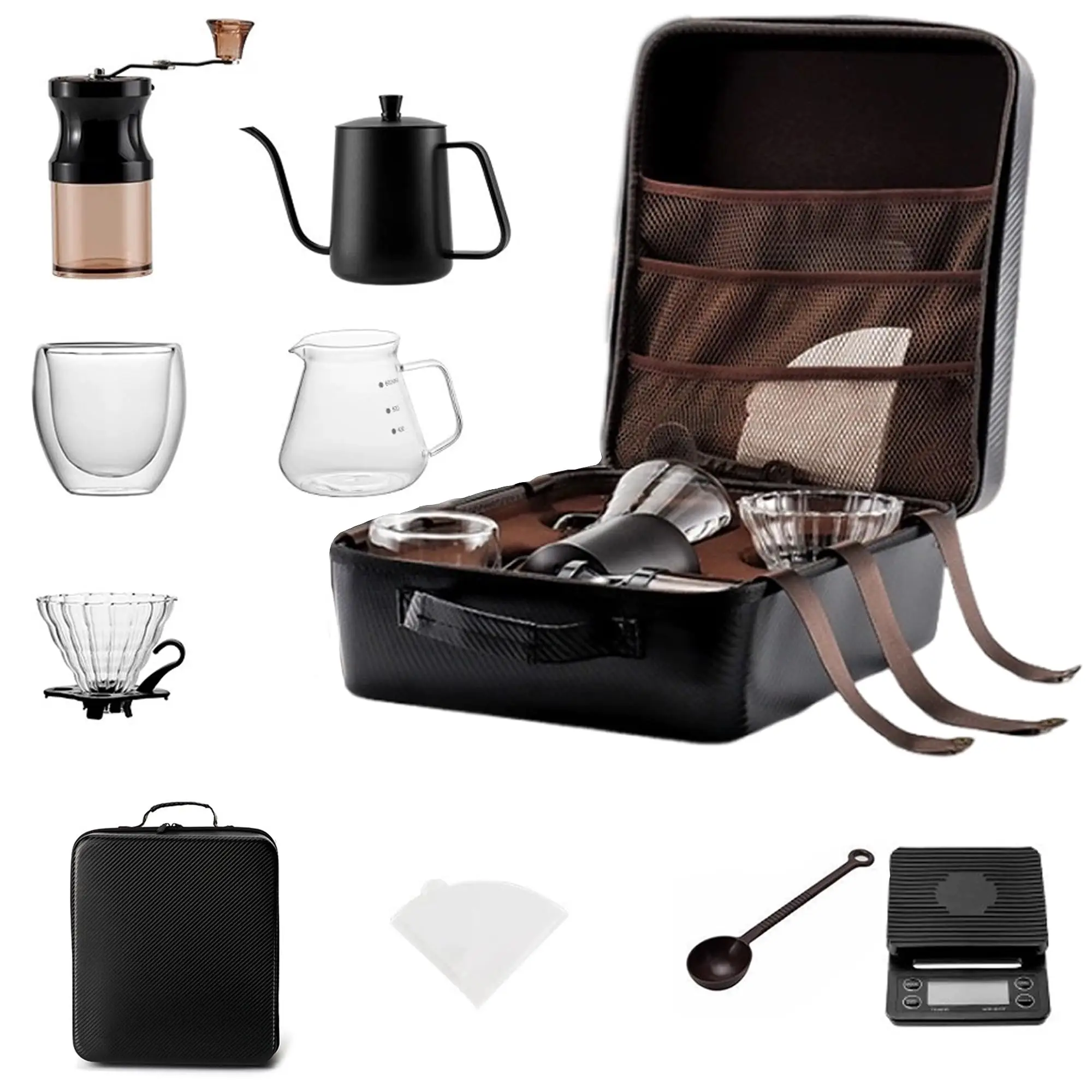 Stainless Manual Coffee Grinder Set-All In 1 Gift Bag Travel Portable Pour Over Coffee Kit Camping Coffee Maker Set