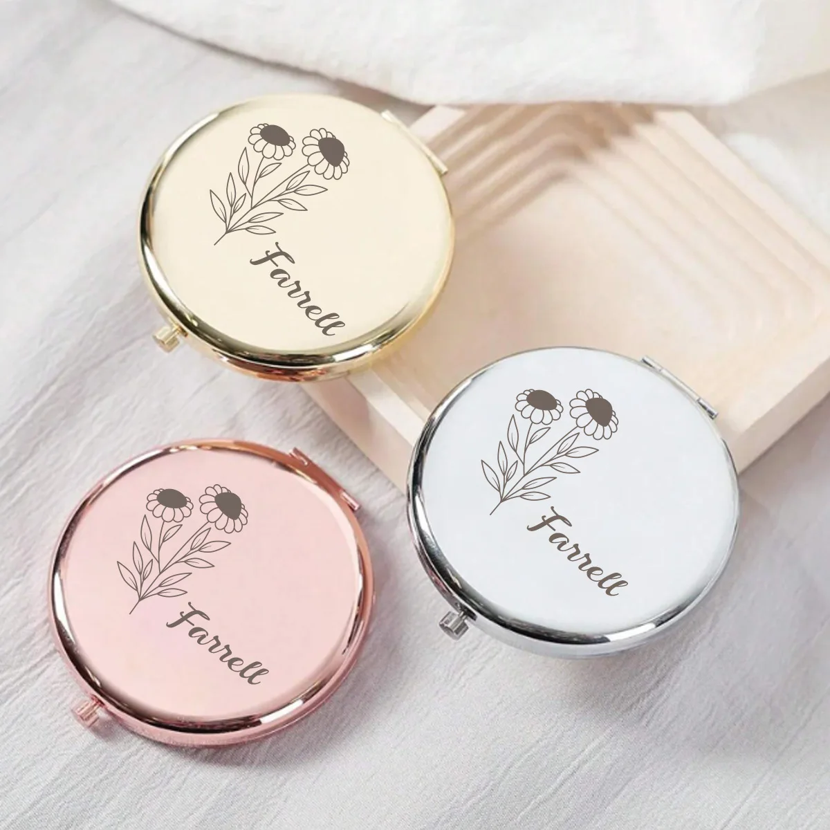 1pc Creative  Double-headed flower Customized Name Pocket Mirror Mirror With Name Makeup Mirror Bridesmaid Gifts