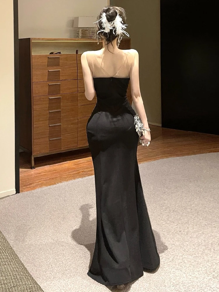 European and American style women exposed legs high fork slimming dress long skirt High end temperament socialite dress