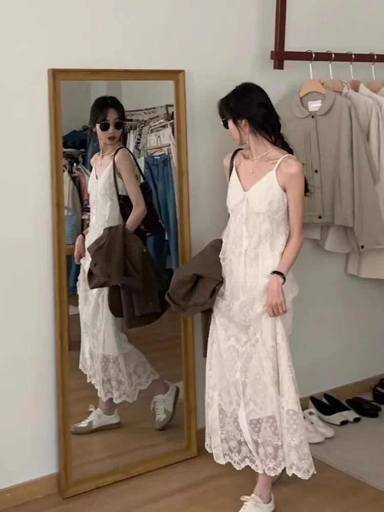 Ele simples verão longo dr vestido feminino de alça de renda com camada de base de emagrecimento le v-ne fechamento com zíper saia evasê