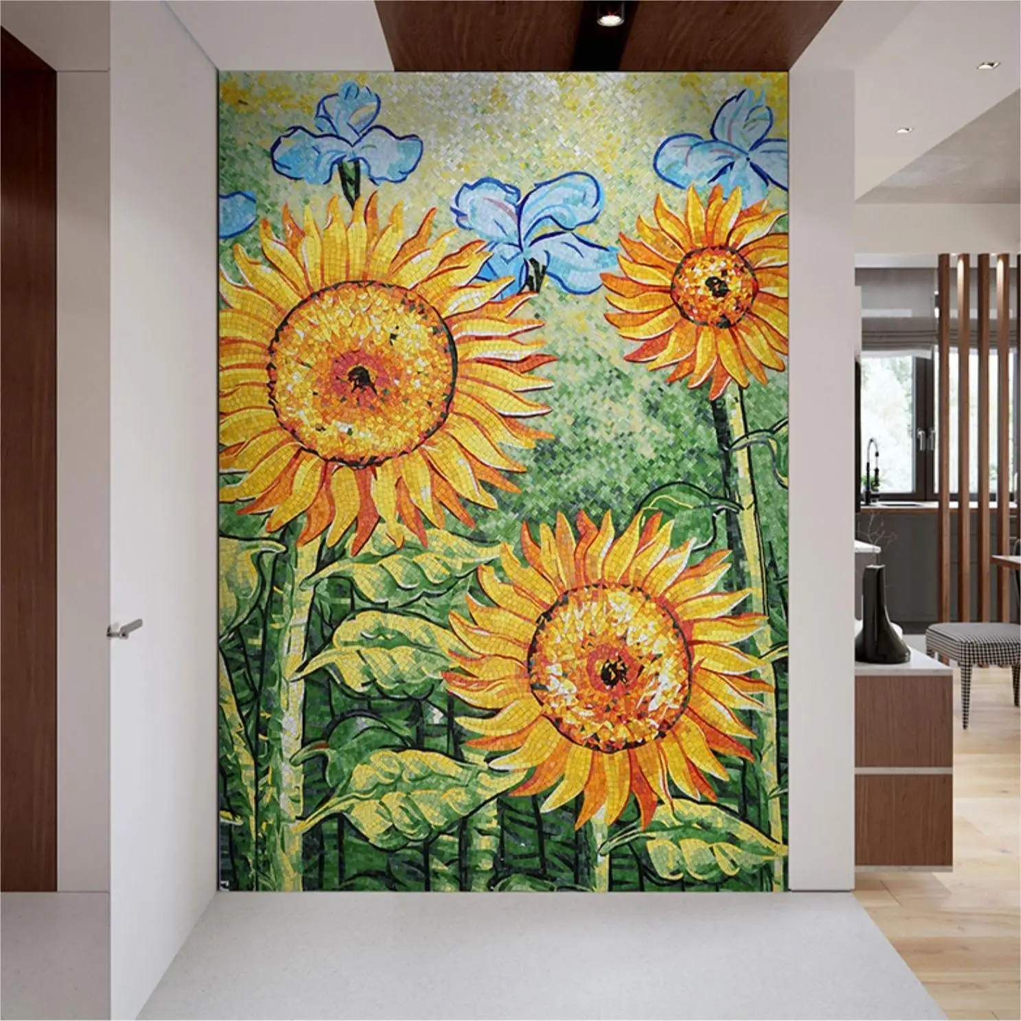 

Custom sunflower art glass mosaic tile mural design for lifelike wall decorate