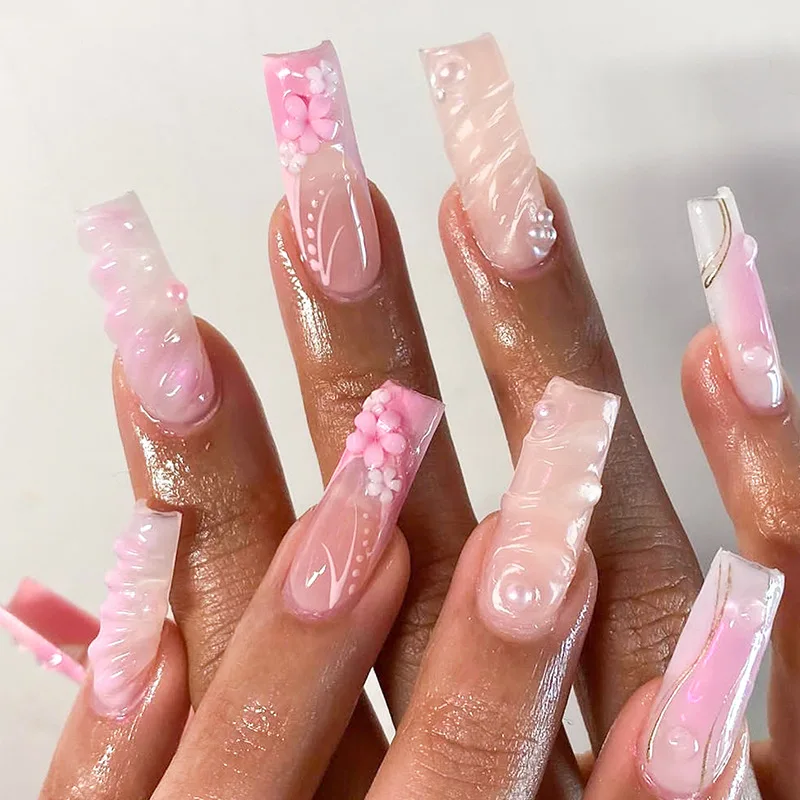 

24Pcs Long Square Head Fake Nails Pink Gradient French False Nails Press on 3D Flower Pearl Detachable Full Cover Nails Tips Art