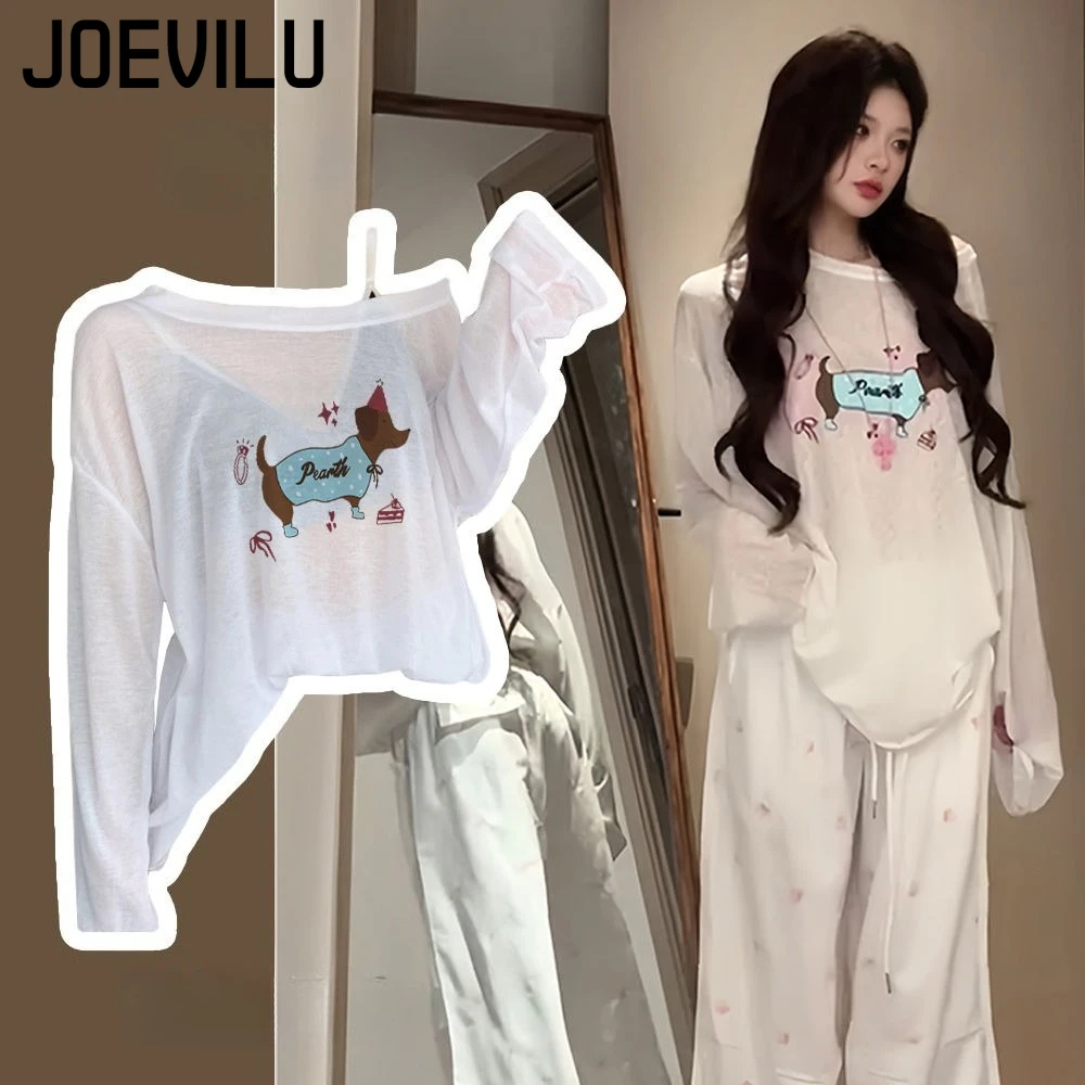 Verão feminino branco puro dachshund impressão solta magro-ajuste manga longa camiseta proteção solar cover-up doce sexy casual preguiçoso topo