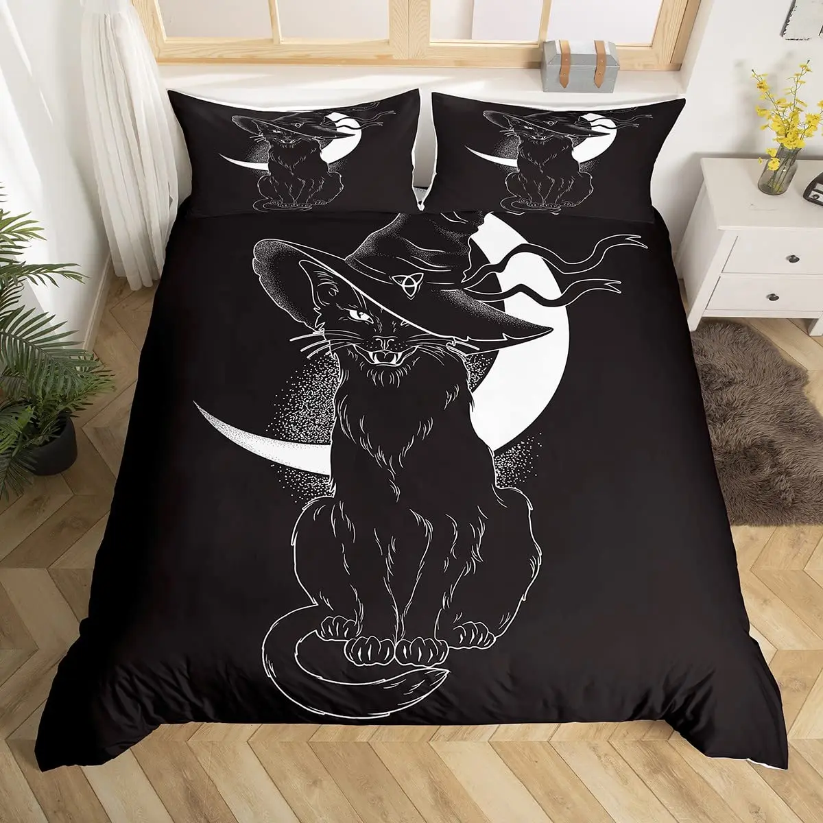 Halloween Gothic Black Cat King Queen Duvet Cover Glitter Moon Bedding Set Horror Spooky Quilt Cover Polyester Comforter Cover