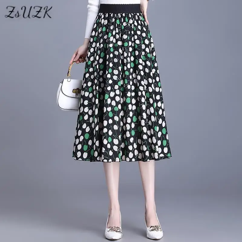 

ZUZK Summer Cherry Printed Chiffon Skirts Women Elastic Waist Chic Casual Big Swing Skirt Fashion Flower Skirts Saia Female