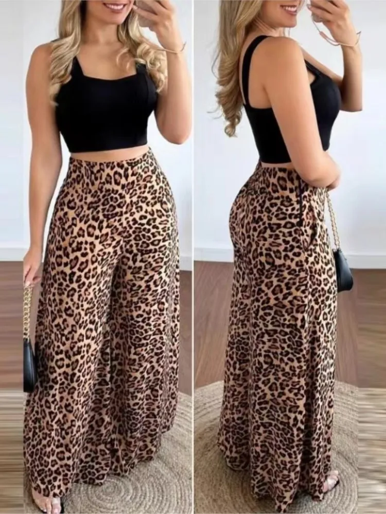 

Women Two Piece Sets Outfits 2025 Summer Fashion Square Neck Sleeveless Crop Tank Top + Leopard Print Pocket Wide Leg Pants Set