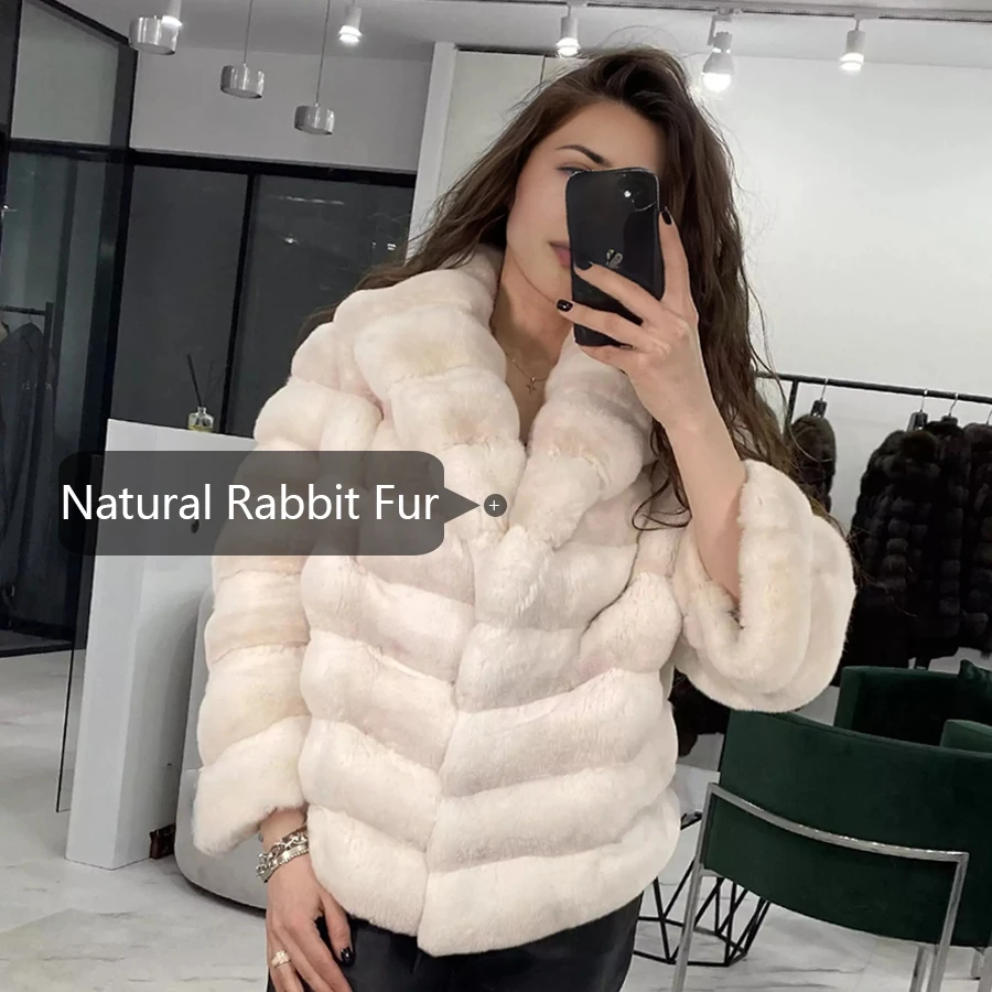 Cappotto di vera pelliccia con colletto inglese per donna Cappotto di pelliccia di coniglio Chichilla Rex Giacche di pelliccia invernale Giacca in vera pelle di alta qualità