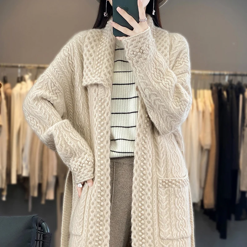 New 100% Pure Cashmere Sweater In Autumn And Winter Women\'s Long Cardigan Heavy Lndustry Thickening Loose Wool Knitted Jacket