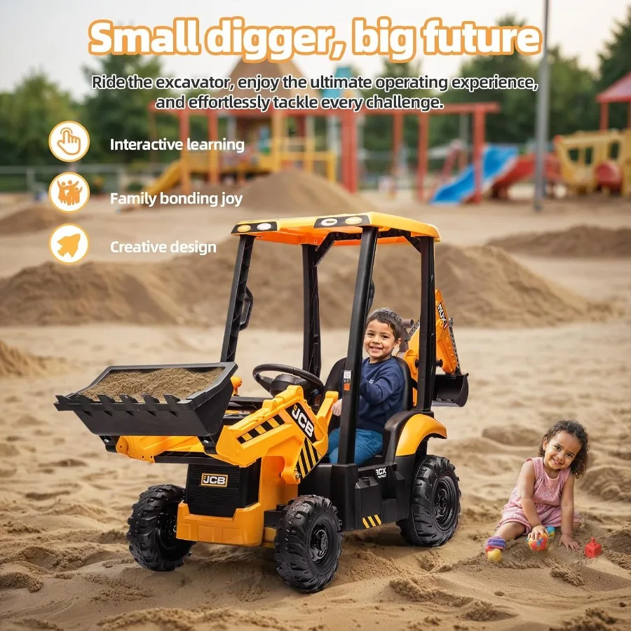 12V JCB ライドオンショベルカー、リモコン付き乗用車、3/8スケール、フロントローダー、バックホー掘削アーム、トラクターとブルドーザーモード搭載