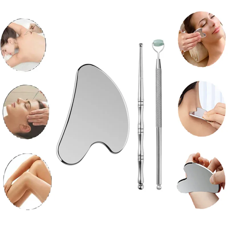 1set Anti Wrinkle Facial Skin Care Beauty Tools Stainless Steel Gua Sha Board Jade RollerEye Massager Face Lifting Tighten Pen