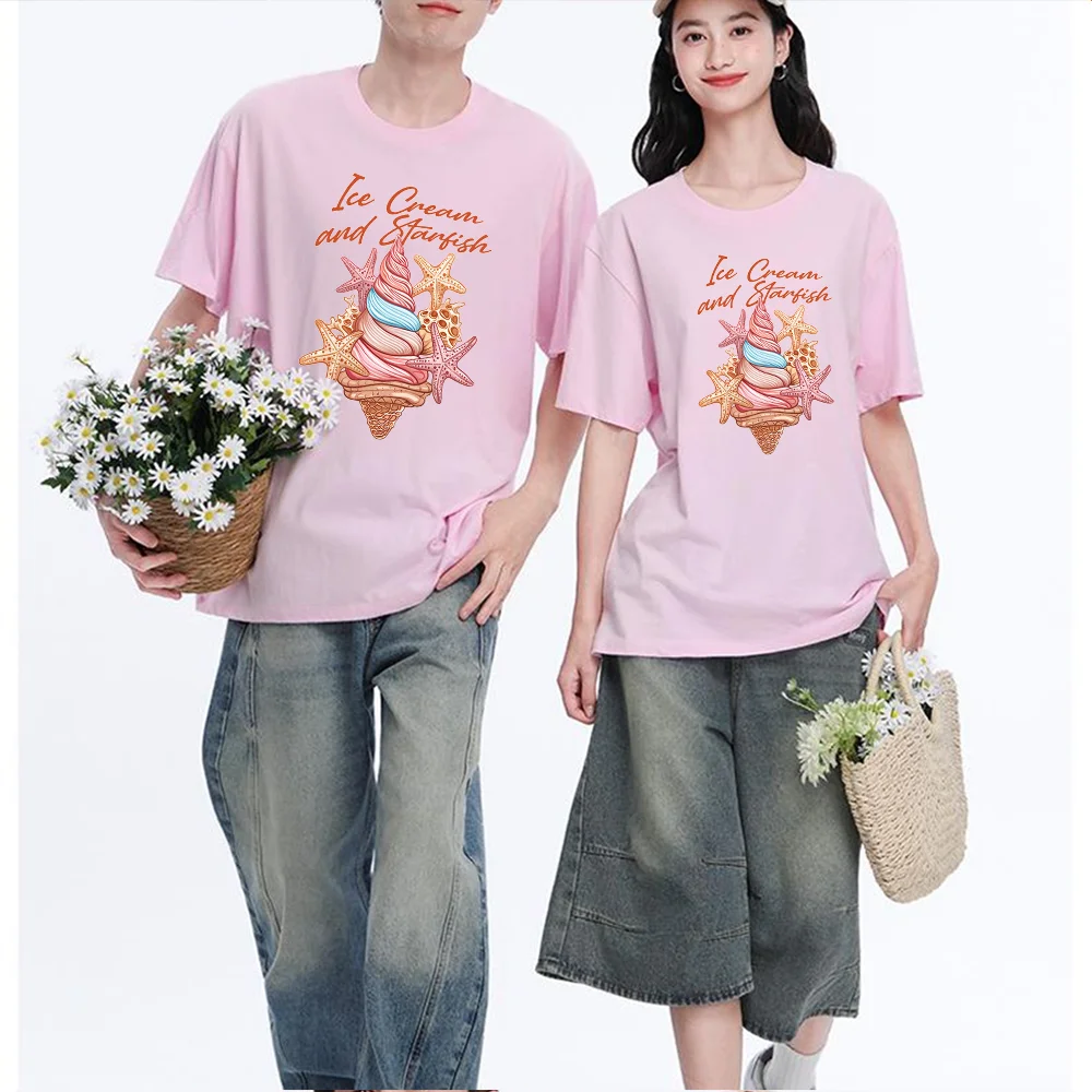 Ice Cream And Starfish Printed T Shirt Breathable Fabric S-XXL Personalized Custom Casual Short Sleeve Tee Aesthetic Graphic Top