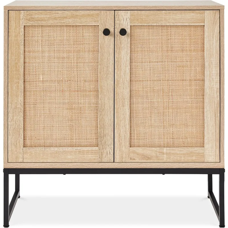 2-Door Rattan Storage Cabinet, Accent Furniture, Multifunctional Cupboard, Buffet Table w/Non-Scratch Foot Pads - Natural