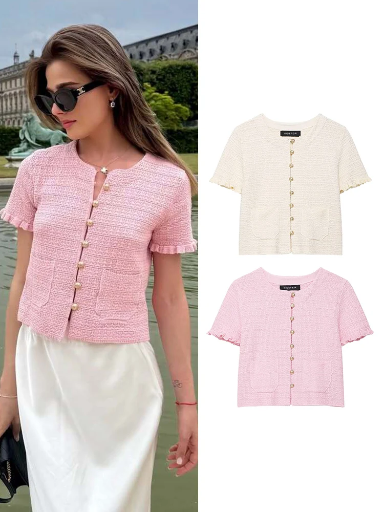 

TFMLN Summer Women's Knit Sweater Casual Short Sleeve Metal Button Round Collar Lady Knitwear Tops Fashion Elegant Solid Coat