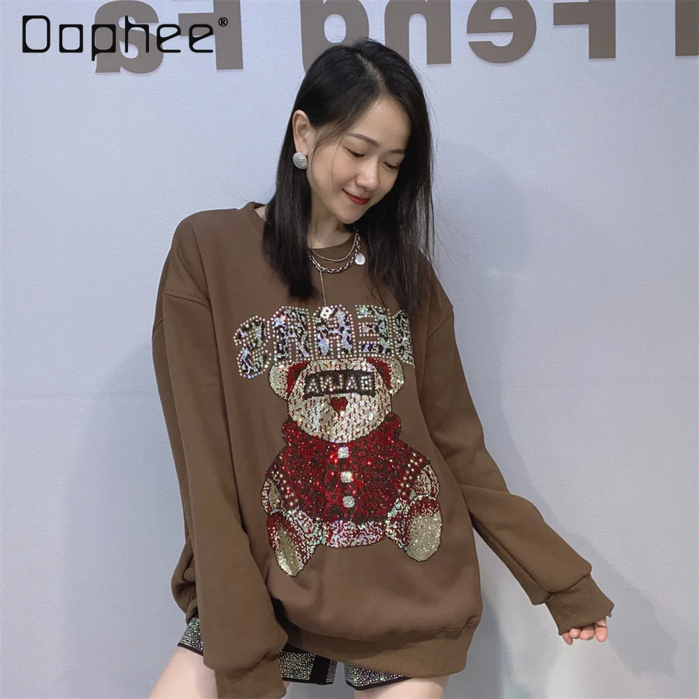 

Large Version Long Sleeve Sweatshirt for Women Winter Fleece Lined Thickened Loose Fit with Rhinestones Round Neck Top