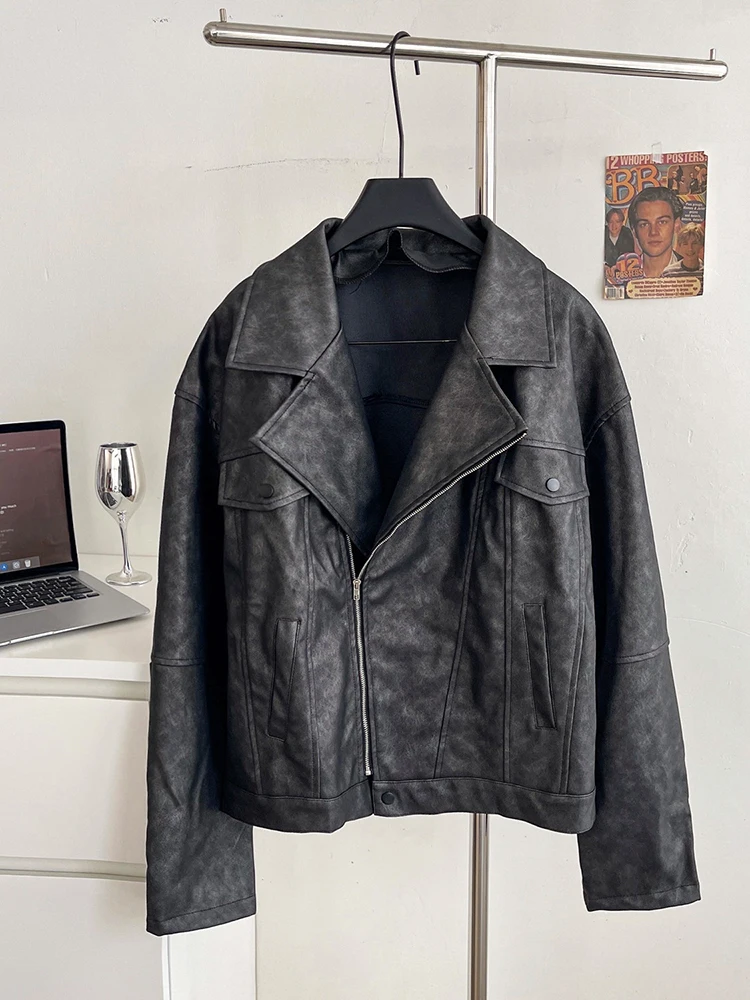 Cool and stylish design slanted zipper pockets leather jacket women's street trendy motorcycle style slim and handsome coat