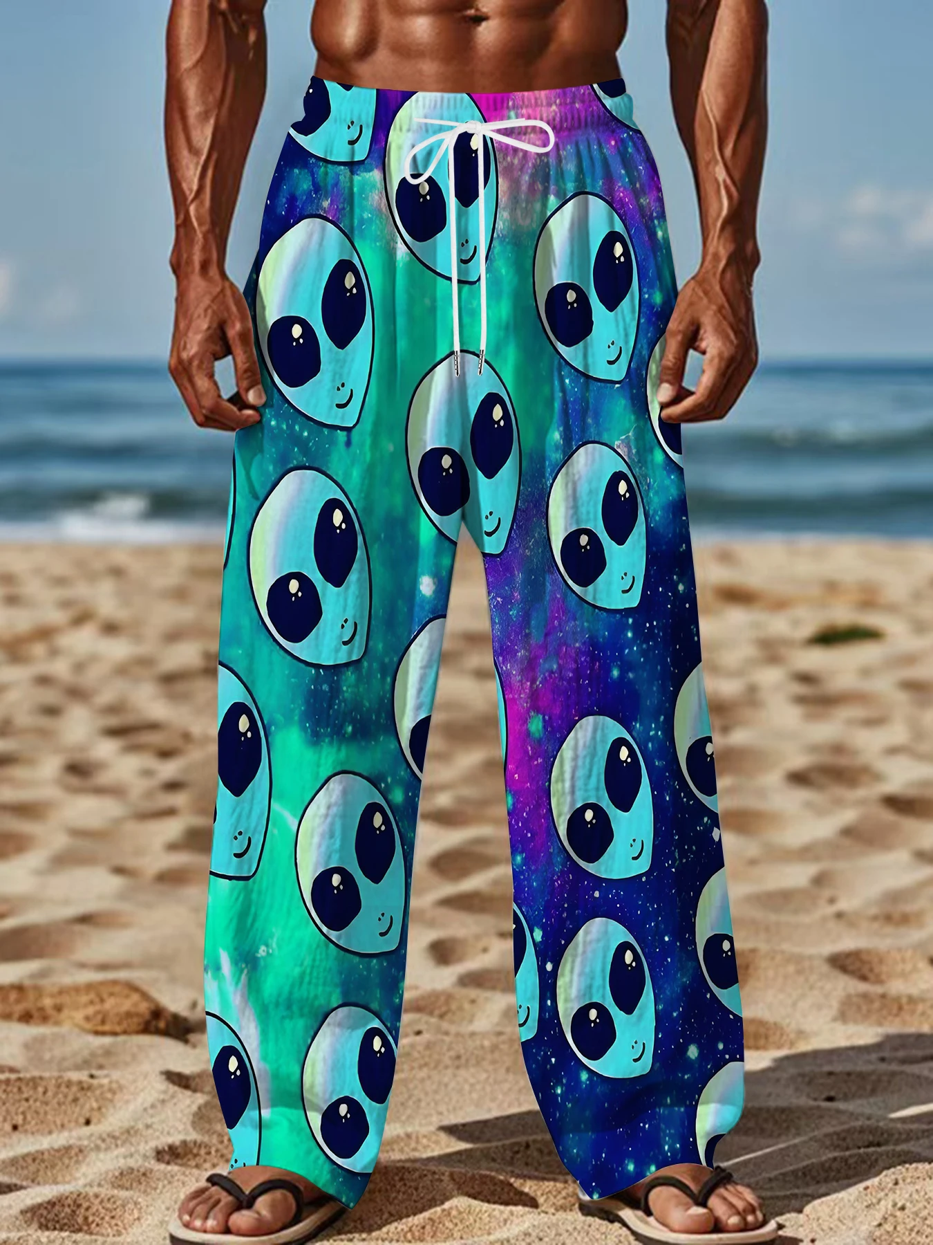 

2026 Men's Printed Straight Leg Pants Abstract Wave Design Drawstring Waist Loose Fit Summer Beach Casual Lightweight Trousers