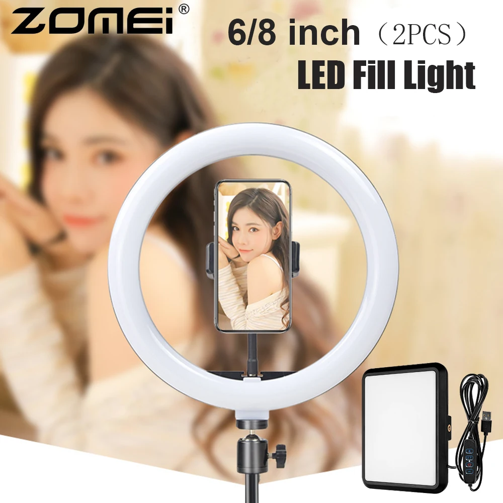 

2pcs ZOMEI LED Selfie Ring Light Photography Video Light 6/8 Inch RingLight with Phone Holder with Pan tilt for Live Streaming