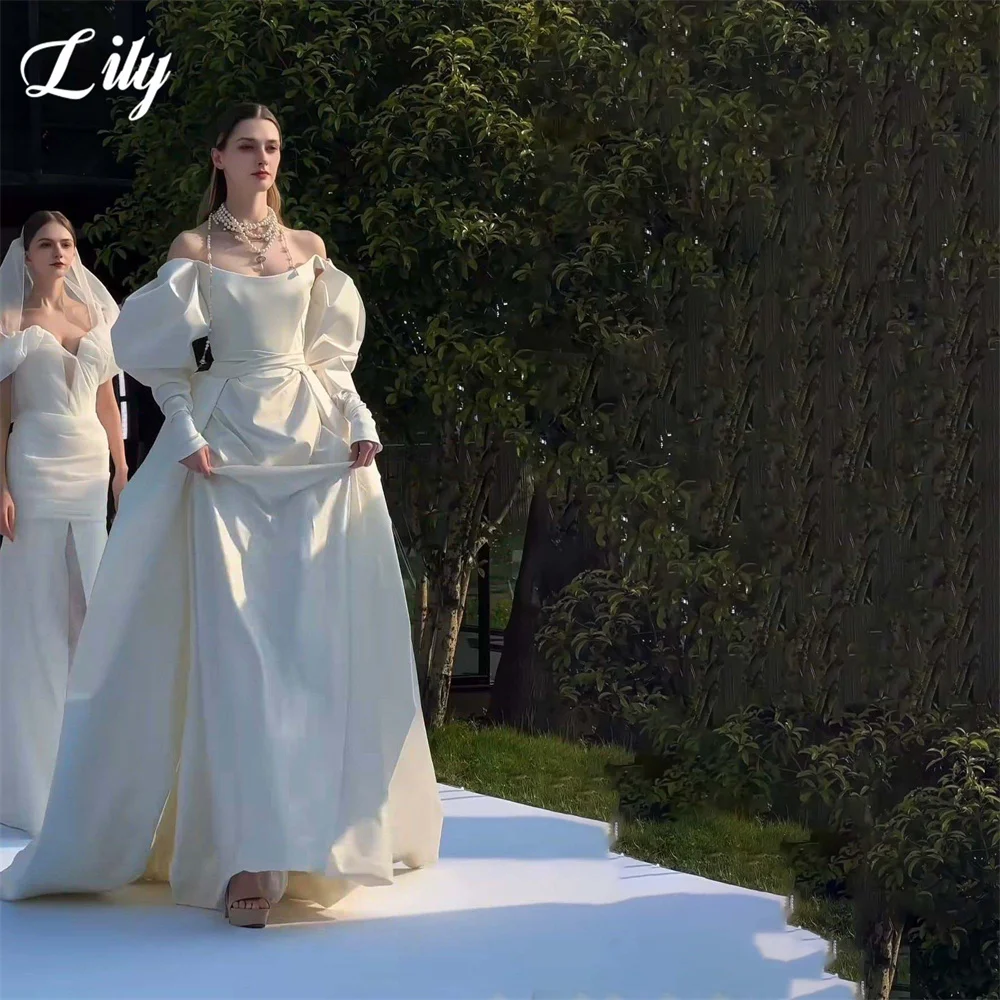 

Lily White Party Dress Off the Shoulder Long Sleeve فساتين السهرة A Line Night Dresses Celebrity Dress Customized