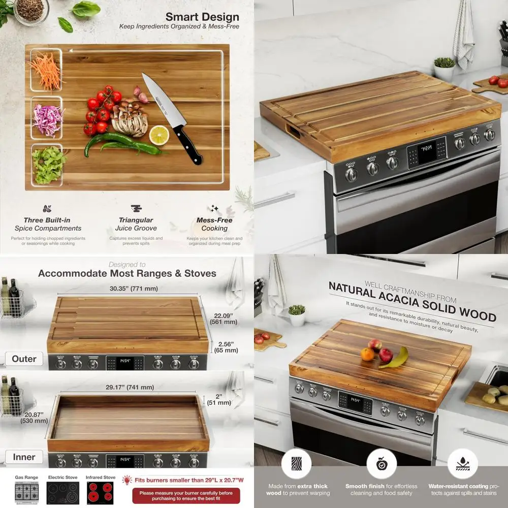 

3-in-1 Acacia Wood Stove Cover with Handles, Gas, Electric, and RV Stovetop Protector, Kitchen Counter Tray