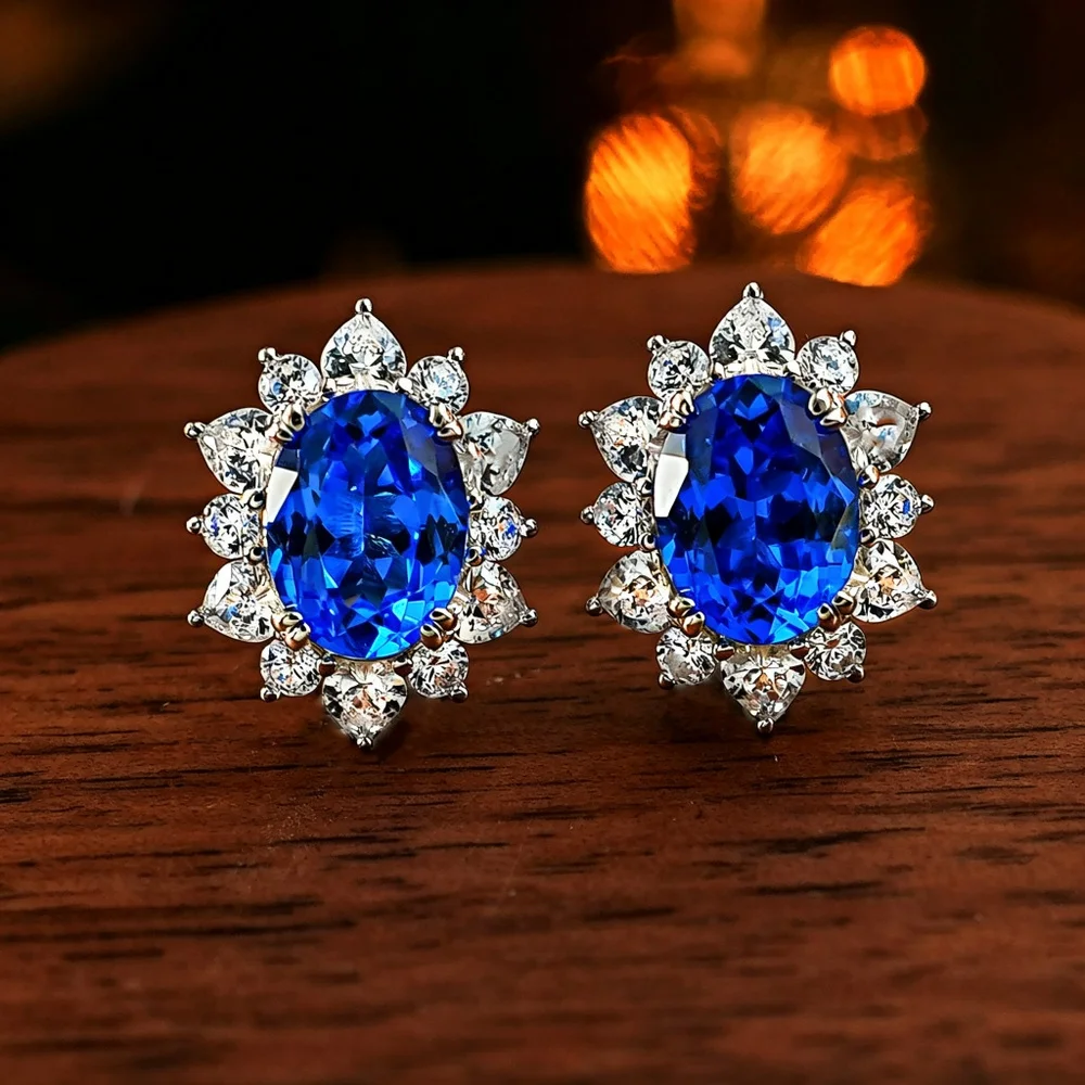 Minween Fashion Lab Sapphire 6*8mm Stud Earrings with 925 Silver Party Gift Jewelry