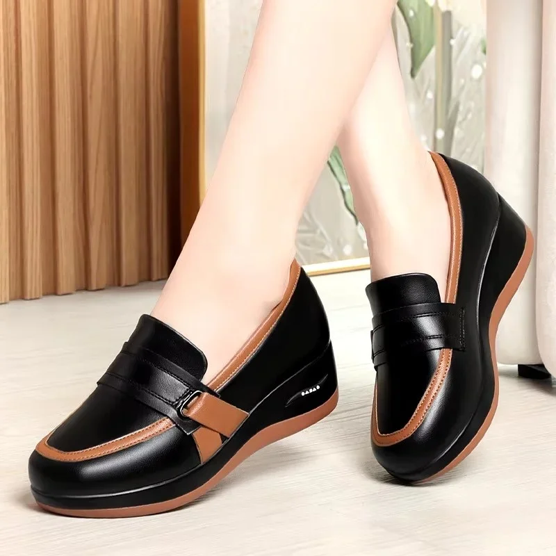 4.5cm Breathable Comfortable Mix Color Soft Leather Loafers Women's Platform Shoes 2025 Fall Med Heels Wedges Shoes Office Mom