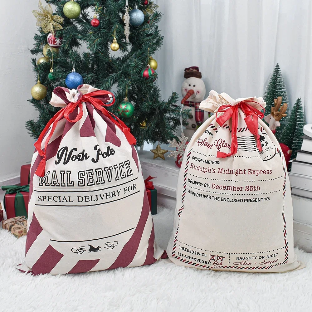 2pcs Christmas Bag For Kids Santa Sack Canvas Cotton Bag For Gifts Wrapping With Red Drawstrings Striped Large Size