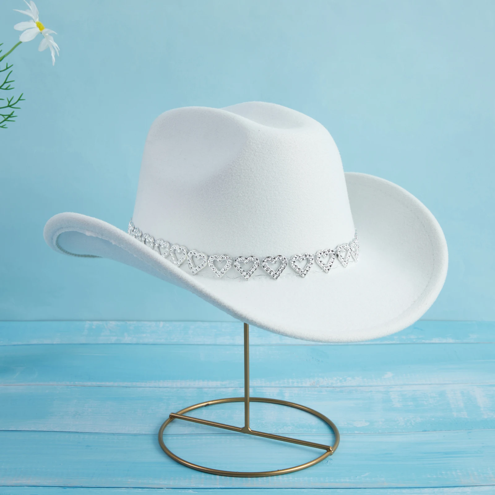 Hart Strass Cowgirl Hoed Dames Westerse Stijl Retro Brede Rand Zonnehoed Thema Feestpetten