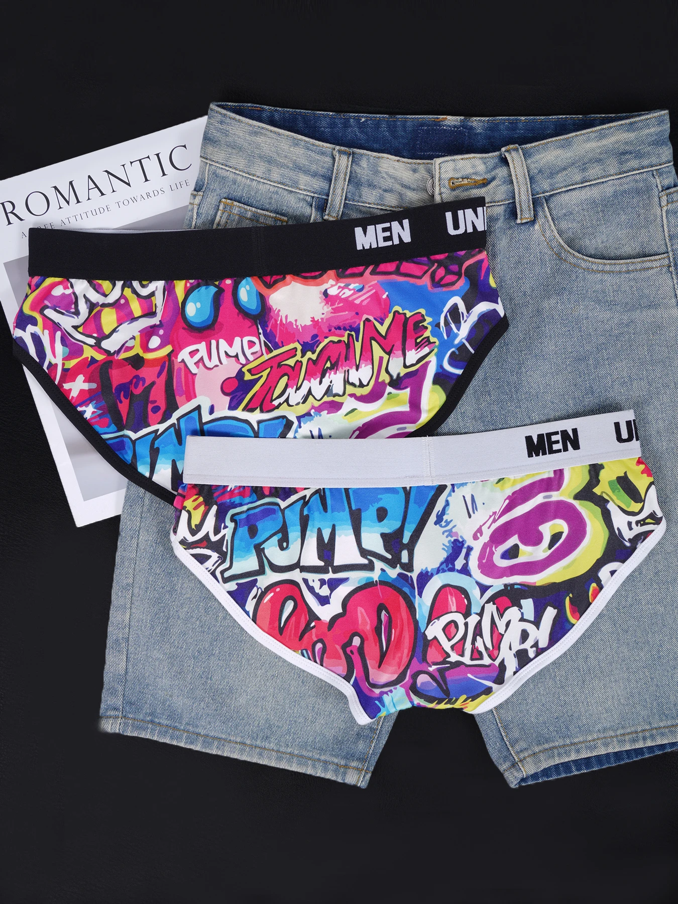 Men’s Graffiti Print Triangle Underwear Elastic Waistband Ice Silk Breathable Underwear