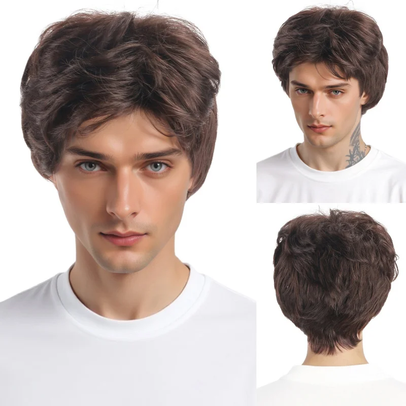 Men's Short Dark Brown Slightly Curled Messy Wig Daily Fashionable Medium-Length Hair Natural and Comfortable