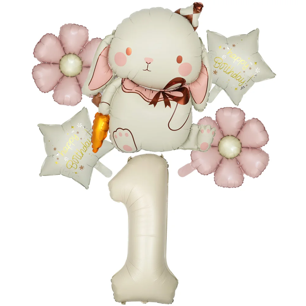 6 Stück Matt Gänseblümchen Kaninchen Karotte Creme Zahl Folienballons Set Alles Gute zum Geburtstag Dekorationen Kinder Mädchen Junge 1 2 3 Jahre Partyzubehör