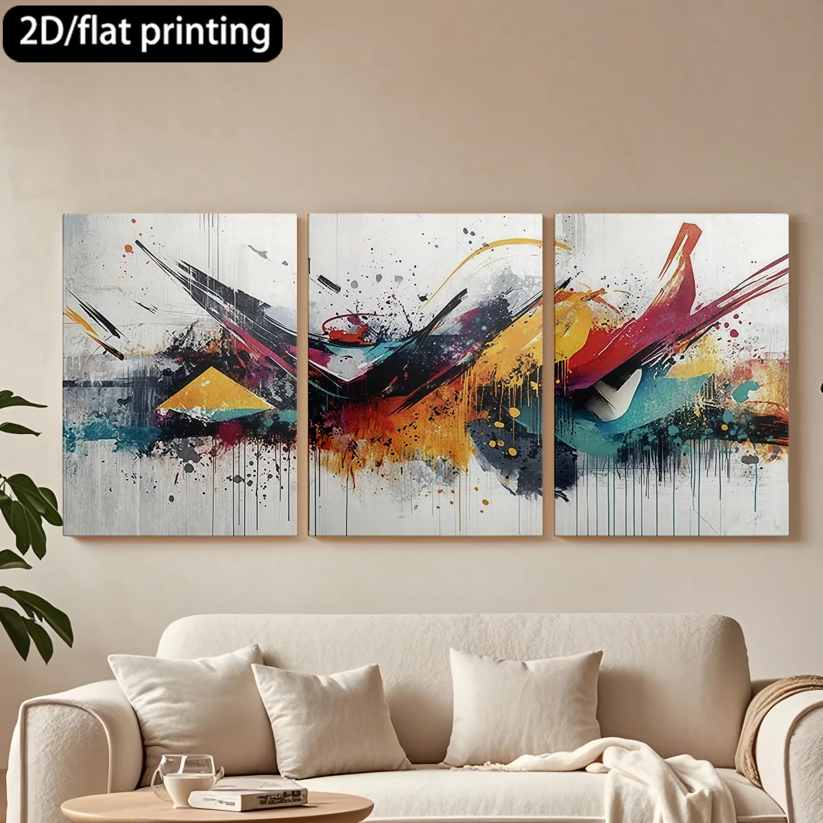 

2D плоская печать, 3-х частная картина на холсте в деревянной раме, декоративная живопись, абстрактное искусство, яркие цвета, мазки кисти. Декор для коридора и спальни.