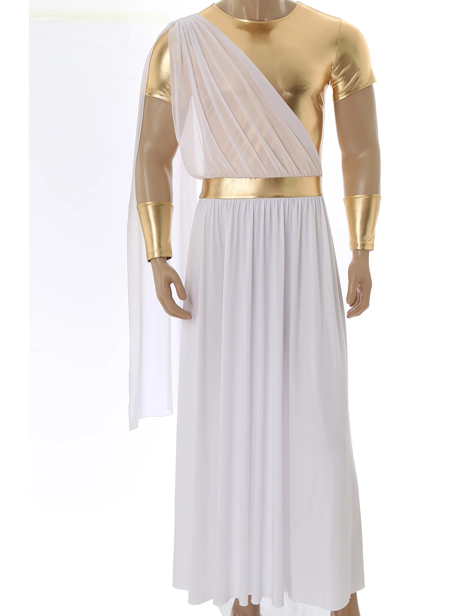 Halloween Ancient Greek Toga Costumes Men Roman Cosplay Role Play Outfits Short Sleeve Metallic Robe with Wristband Tunic Outfit