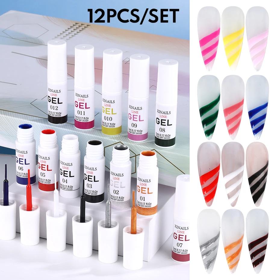 

12pcs/set Painting Liner Nails Gel Polish UV LED Wire Drawing Varnish DIY Graffiti Stripe Design French Semi Permanent Brush Pen