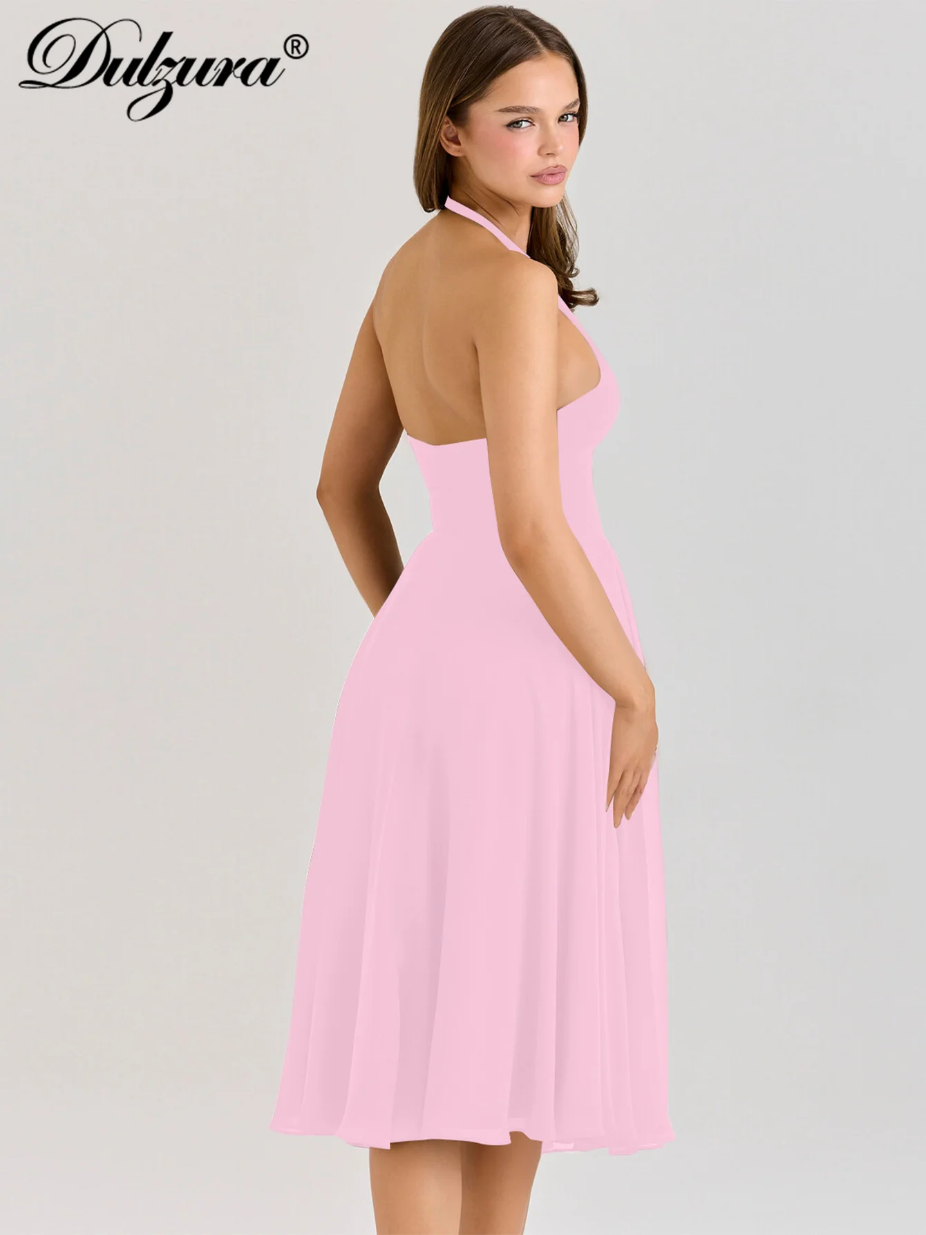 Dulzura 2025 여름 솔리드 섹시 홀터 슬리브리스 백리스 슬림 메쉬 미디 드레스 여성 캐주얼 우아한 파티 클럽 스트리트 의류