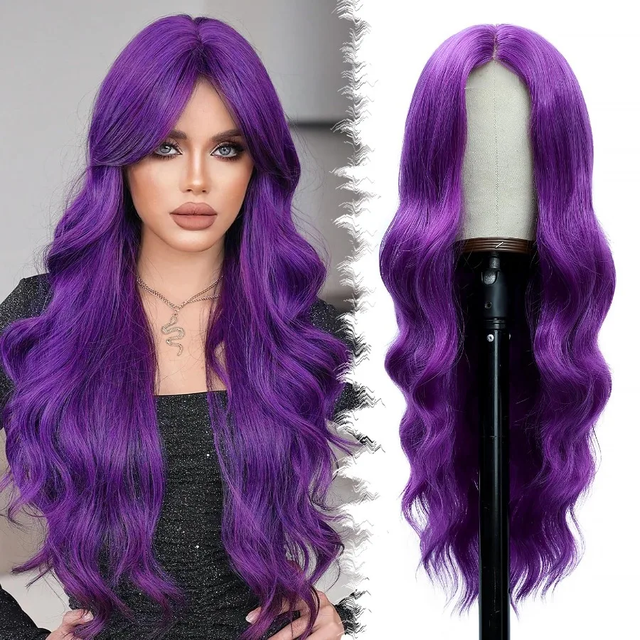 Peruki na Halloween, długie, fioletowe, 66 cm, kręcone peruki dla kobiet, falowane, z przedziałkiem na środku, naturalnie wyglądające, syntetyczne peruki typu lace front do codziennego użytku i cosplayu.