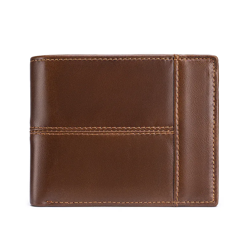 Retro Leather men's short-style multi-compartment wallet with metal clasp, cowhide, anti-magnetic RFID dual-fold zero-purse