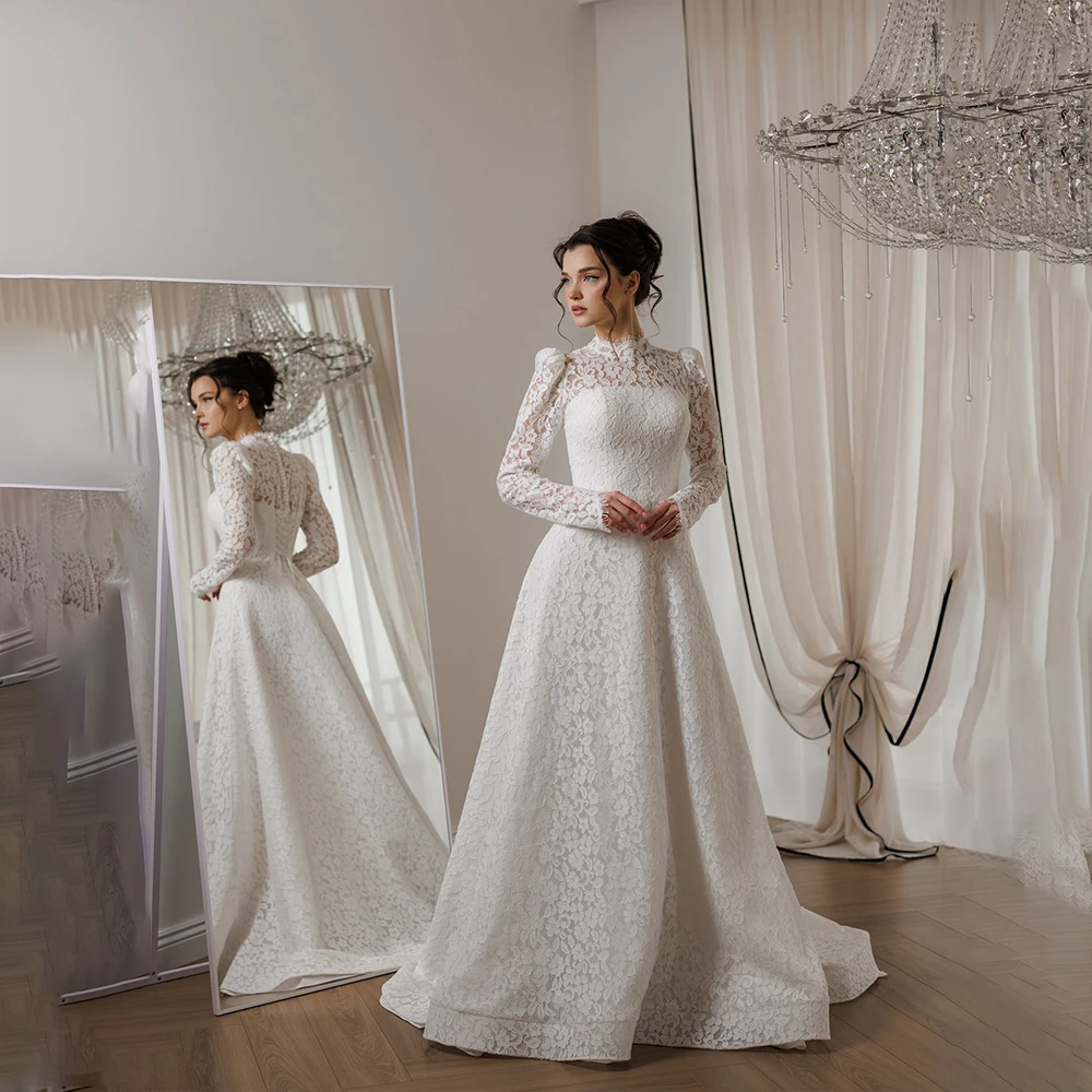 

Luxury Weddings Dresses High Neck Long Sleeve Brides Dress A-Line Bridal Gown Customized فساتين حفلات الزفاف