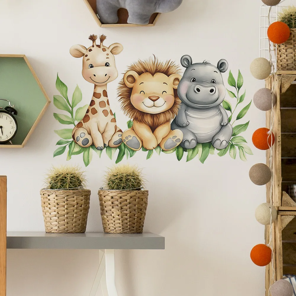 Cartoon Giraffe Lion Hippopotamus Wall Sticker Kids Room Bedroom Background Decoration Wallpaper Home Decor Self-adhesive Decals