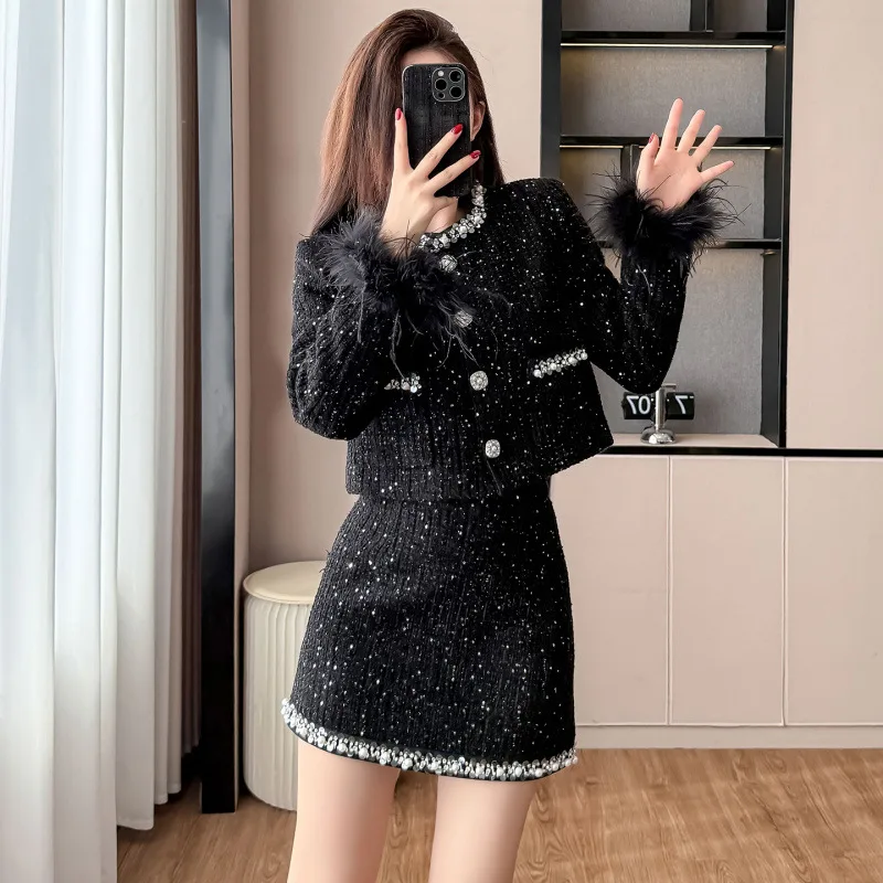 Black coarse woolen 2-piece set with nail bead coat and skirt 2026 new style small fragrant autumn/winter women's clothing