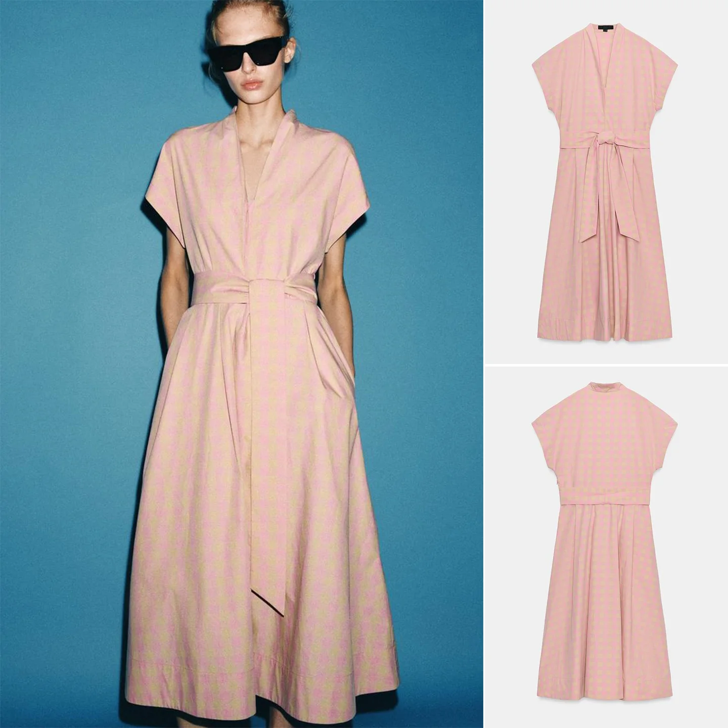 Summer New Plaid Dress Women's High Waist Gingham Short Sleeve V-neck A-line Hem Knot Tie City Commute Casual Fairy Skirt