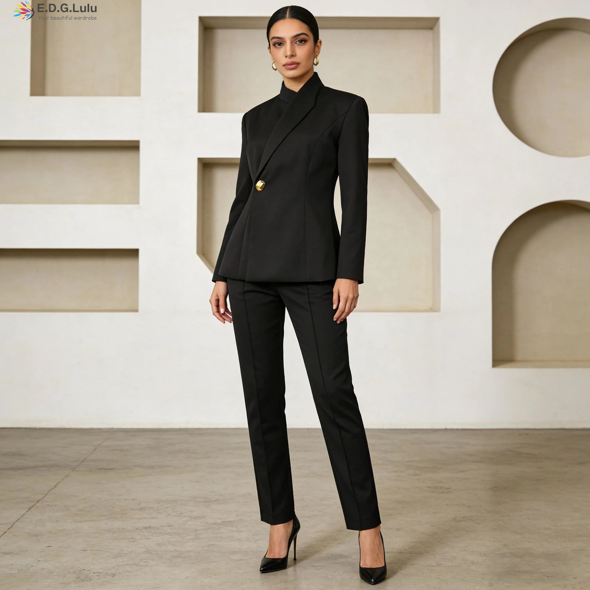 EDGLuLu 2 Piece Set Irregular Turn-Down Collar One Button Suit Jacket+High-Waisted Suit Pants Outfits Two Piece 0428