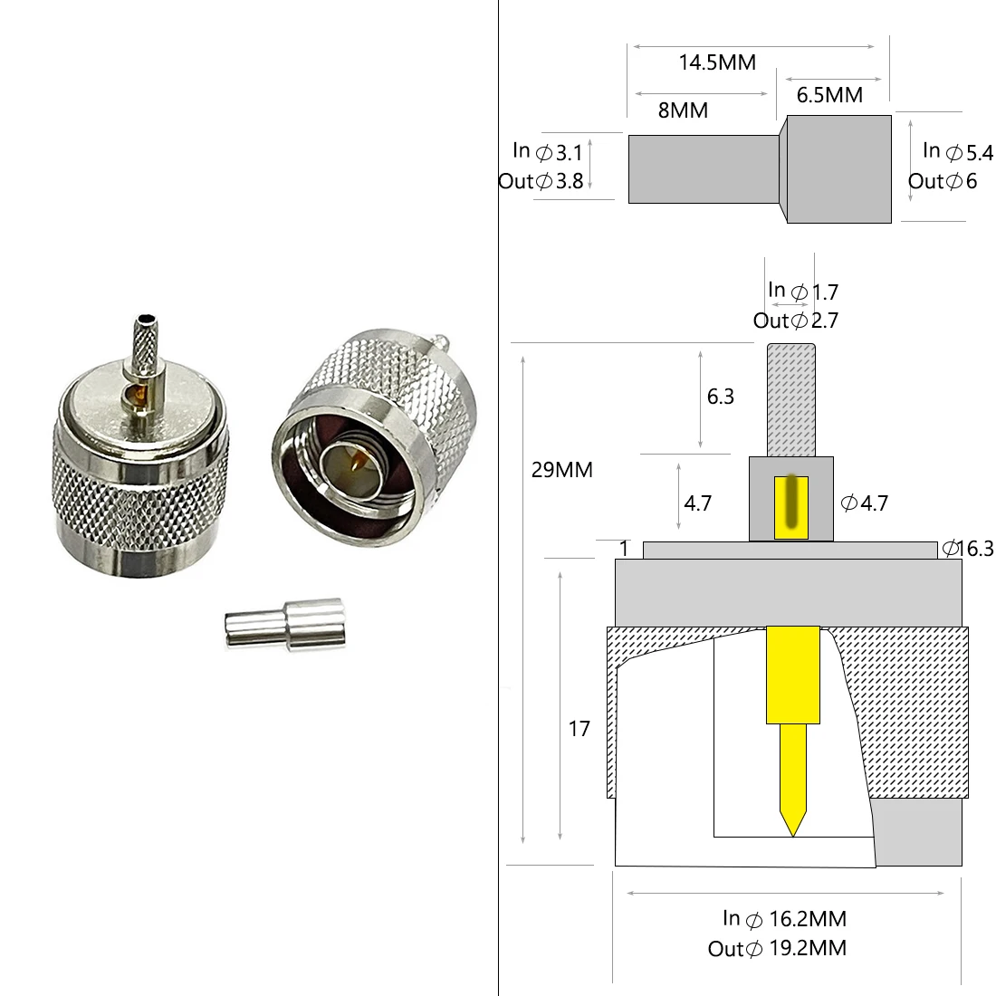 1pc  N  Male Plug  RF Coax Connector  Crimp  RG316 RG174 LMR100 Cable Straight  Nickelplated 50 Ohm NEW Wholesale