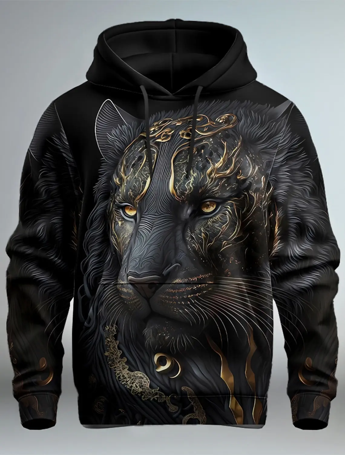 سويت شيرت بقلنسوة بطباعة ثلاثية الأبعاد للرجال من Lion Graphic بأكمام طويلة وقلنسوة وجيب أمامي وقلنسوة للربيع