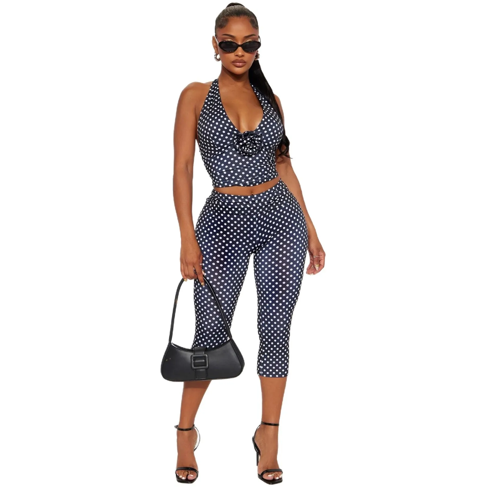 欧米風新作クロスボーダーファッション水玉スリムフィットセクシーネックストラップショートベストトップクロップドパンツスーツ女性用