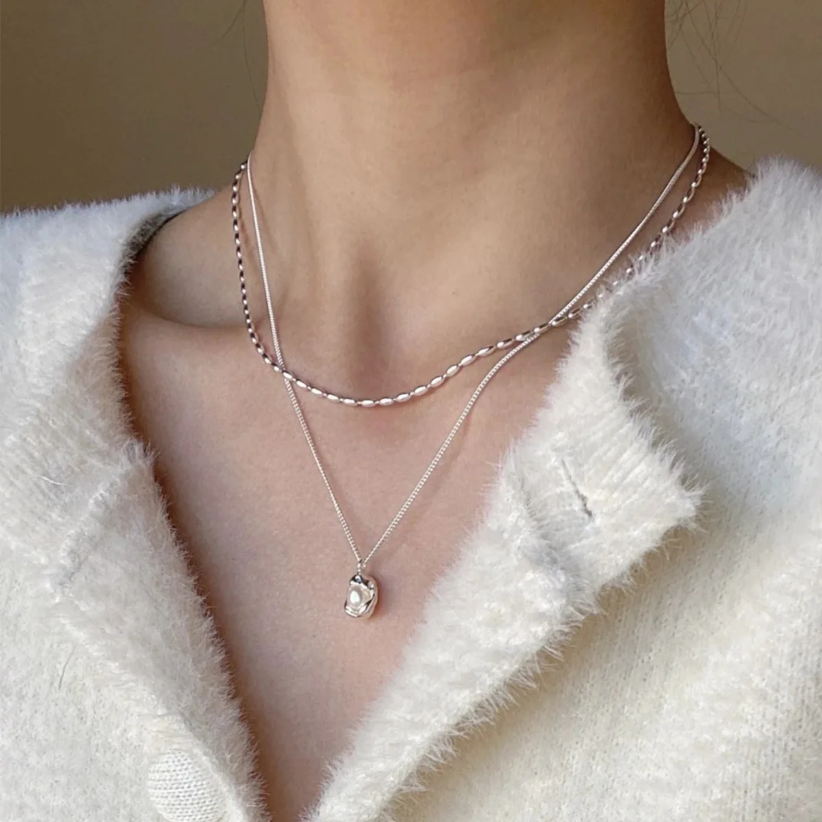 Female Long Bean Necklace For Women On Neck Silver 925 Chain Necklaces Women  Fashion Jewelry Minimalist Rice Grains