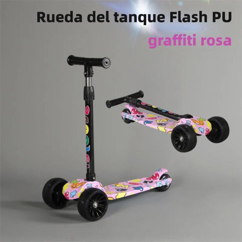 سكوتر للأطفال بتصميم جرافيتي وعجلات، مع دواسة، بنقرة واحدة قابلة للطي ومحمولة