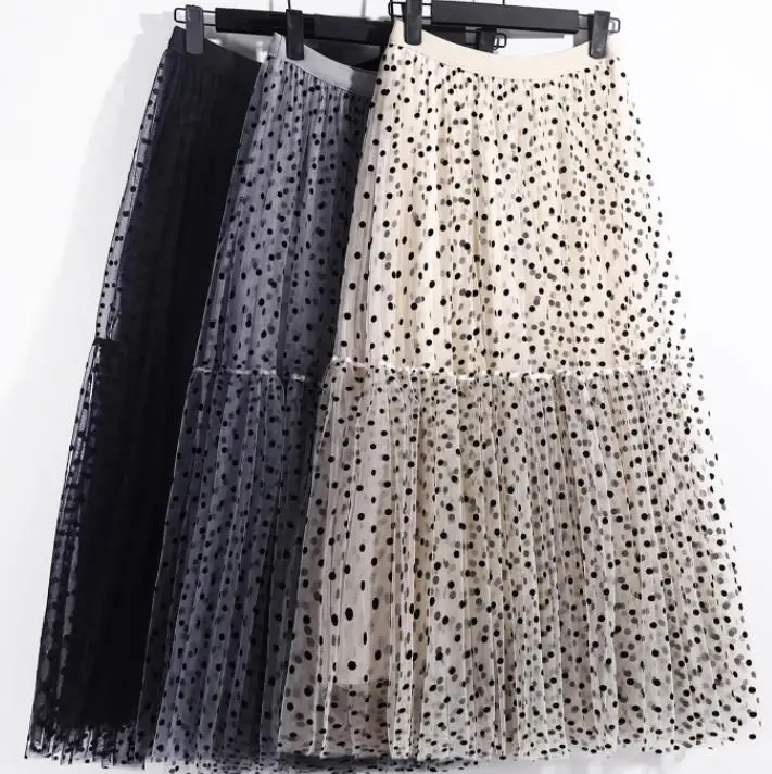 

Elastic waist polka dot mesh skirt fluffy cake A-line long skirt