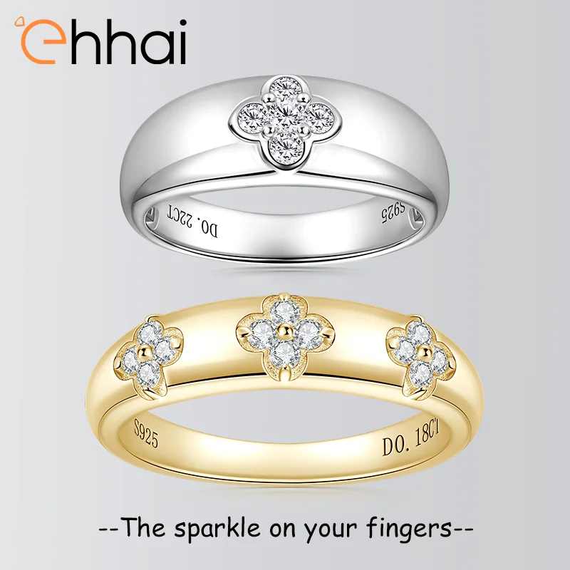

Ehhai Round Cut Moissanite Four-leaf Clover Chunky Wide Rings for Women 925 Sterling Silver 14k Plated Wedding Fine Jewelry Gift