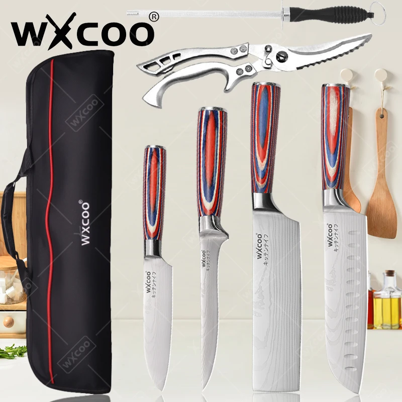 WXCOO Fleischbeil, Schneidemesser, Metzger, Früchte, Chef, Damaskus, Laser-Allzweckmesser, Holzgriff, Gemüseschere, Messerbeutel